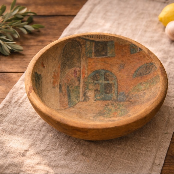 Handmade Other - Vintage Hand Painted Wooden Rustic Bowl Italian Village Scene Signed Folk Art